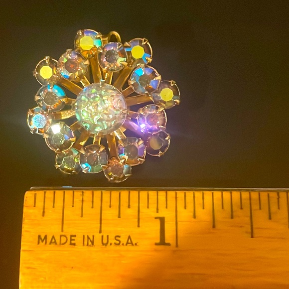 Gold and Aurora Borealis Rhinestone Starburst Clip Earrings - Picture 12 of 13